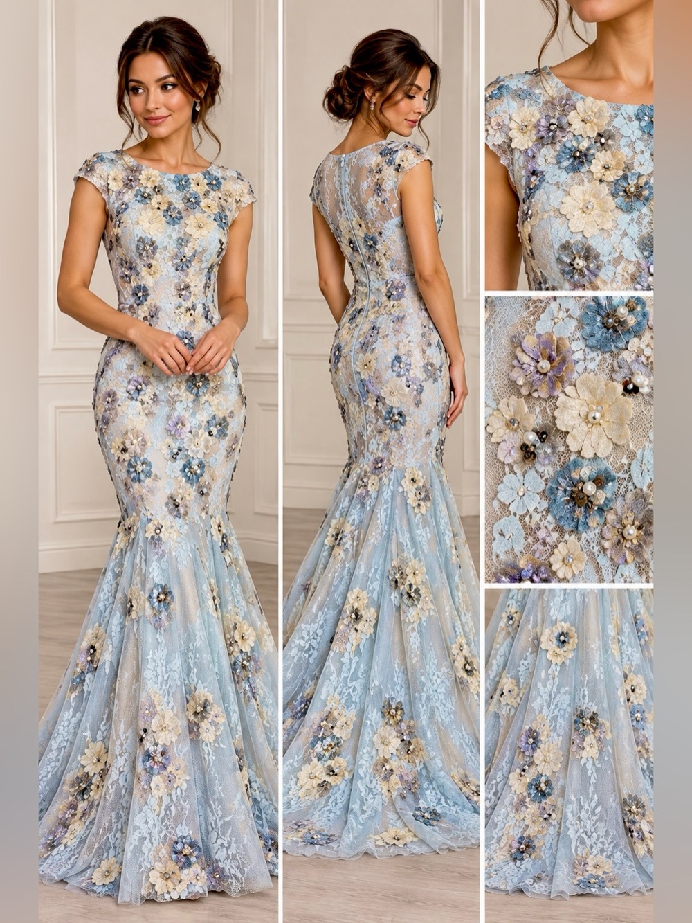 Mandalay Size 8 Floral Beaded Lace Mermaid Evening Gown